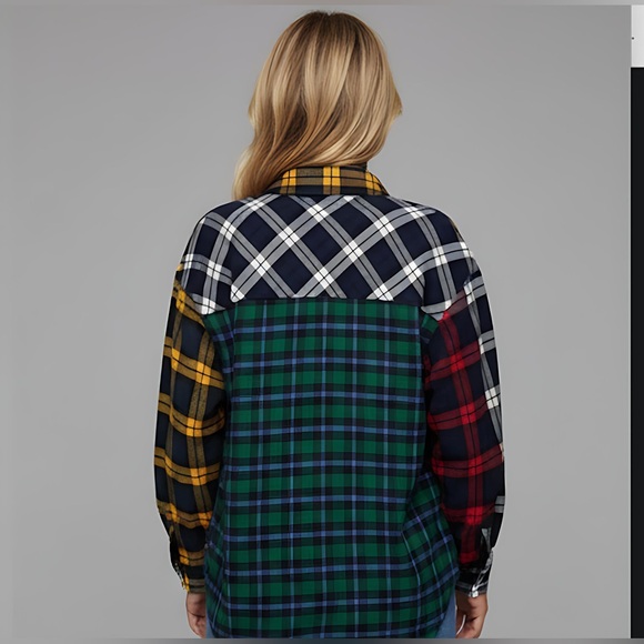 Boyfriend Cotton Color Block Plaid Button Down Shirt - Picture 4 of 6